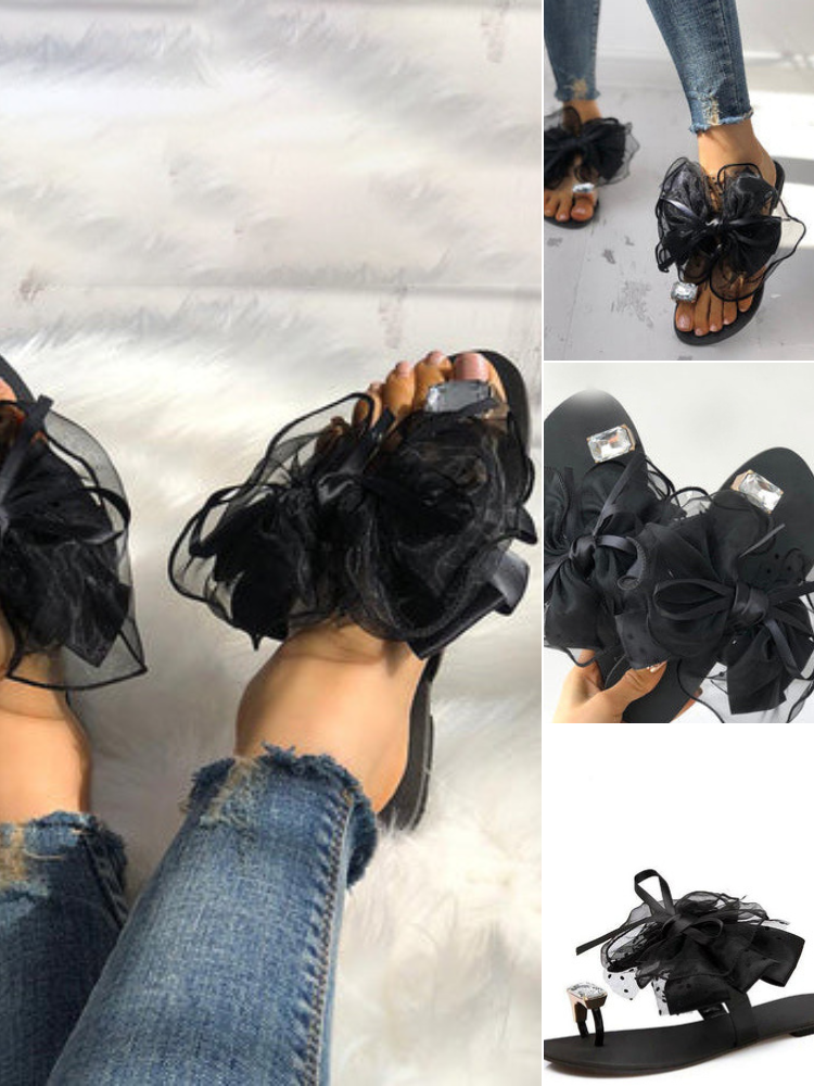 Pantuflas planas con lazo y diamantes de imitación 