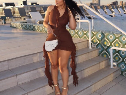 Sleeveless Backless Tassel Ruched Ruffle Mini Dress