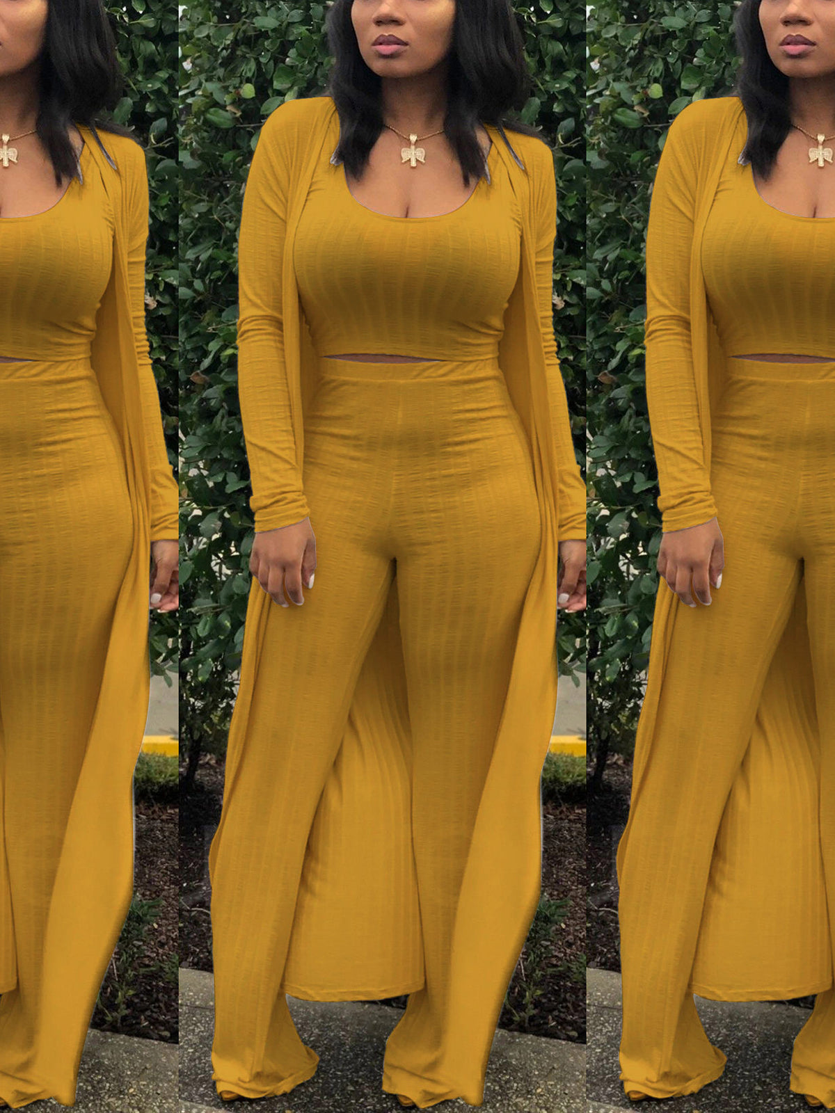 Conjunto de tres piezas Crop Top+Cárdigan largo tipo kimono+Pantalones