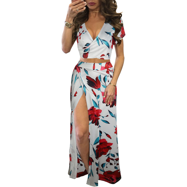 Two-Piece V Neck Floral Printed Skirt Suits