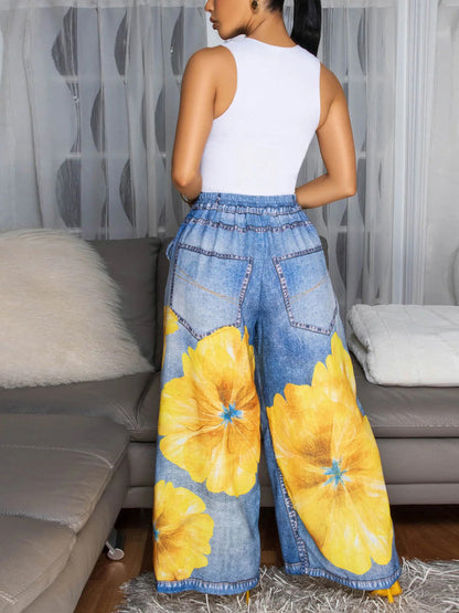 Floral Butterfly Print Wide Leg Jeans