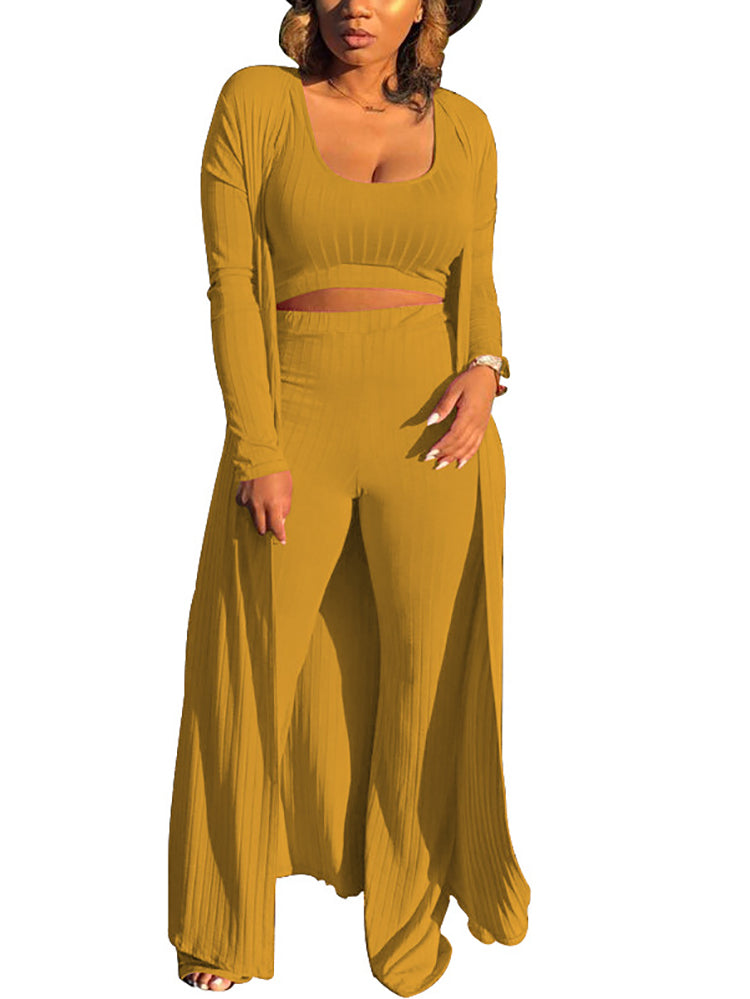 Conjunto de tres piezas Crop Top+Cárdigan largo tipo kimono+Pantalones