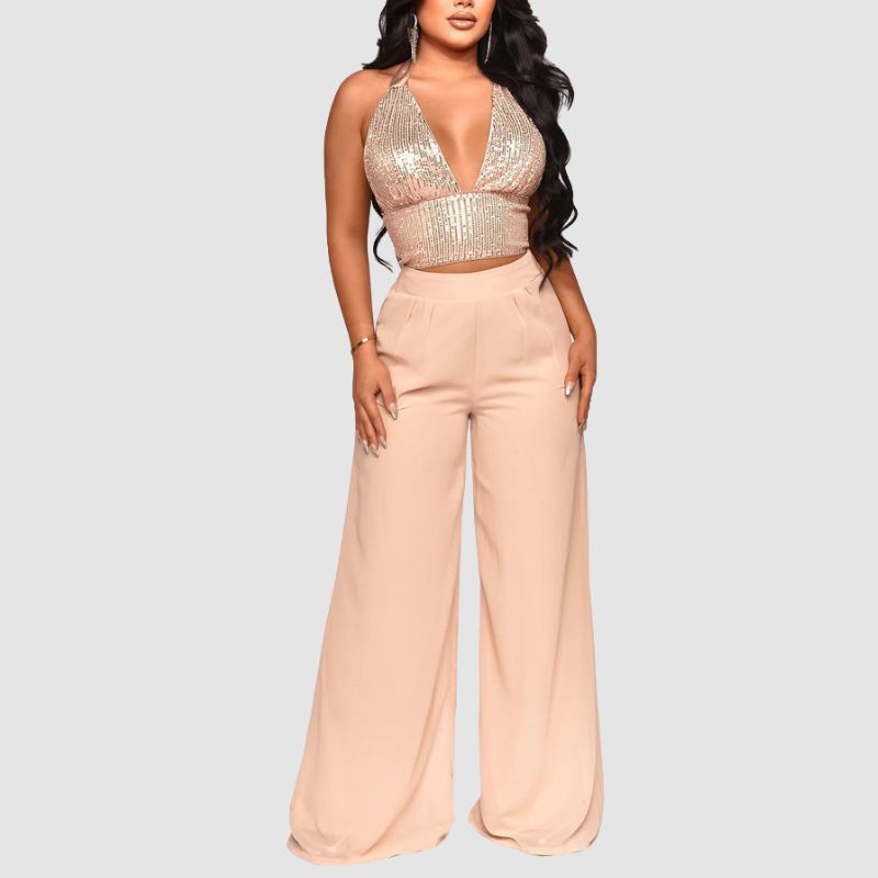 Conjunto de chaleco halter con lentejuelas y pantalones rectos de cintura alta
