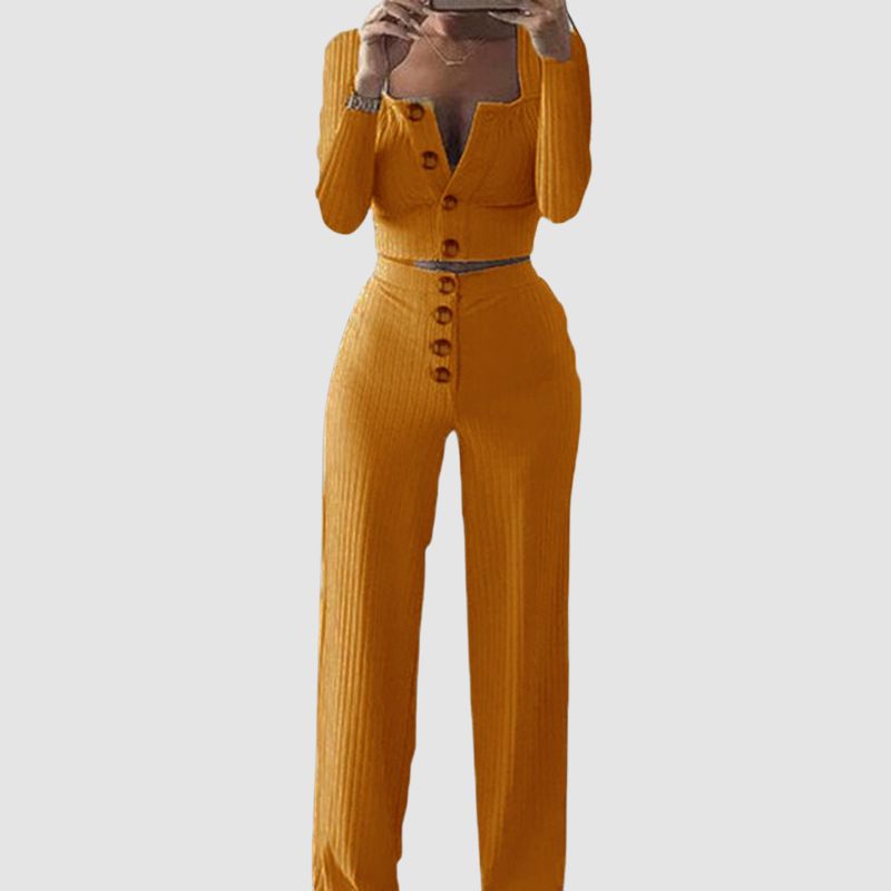 Conjunto de pantalón de pierna ancha y top con cuello cuadrado abotonado