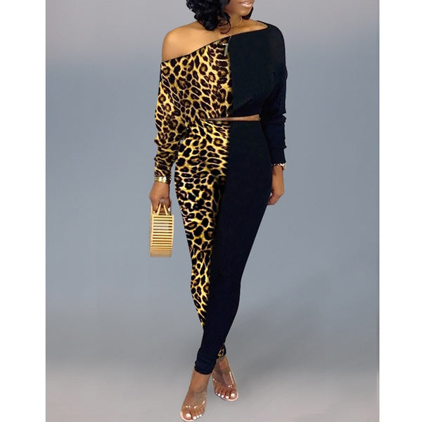 Two Piece Color Block Leopard Print Pant Suits
