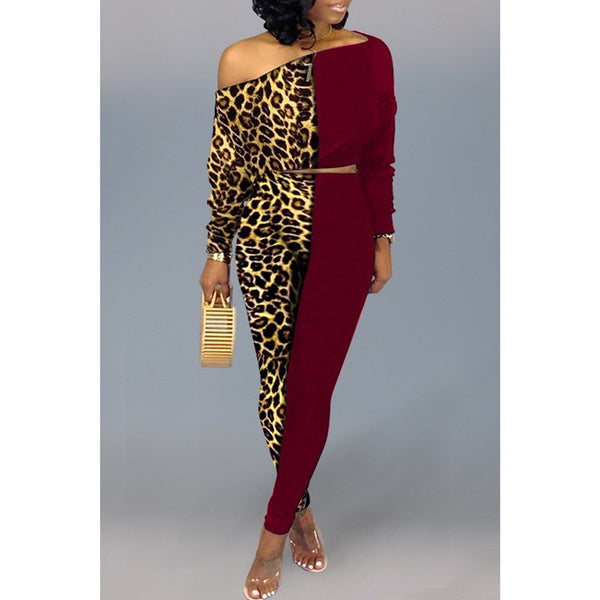 Two Piece Color Block Leopard Print Pant Suit