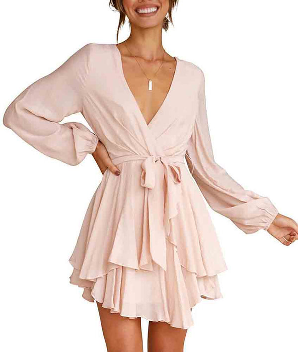 Long Sleeves Ruffle Belted Mini Dreses