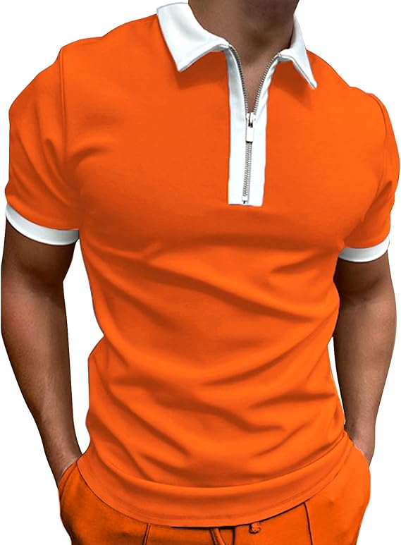 Mens Patchwork Zipper Short Sleeve Polo Shirts