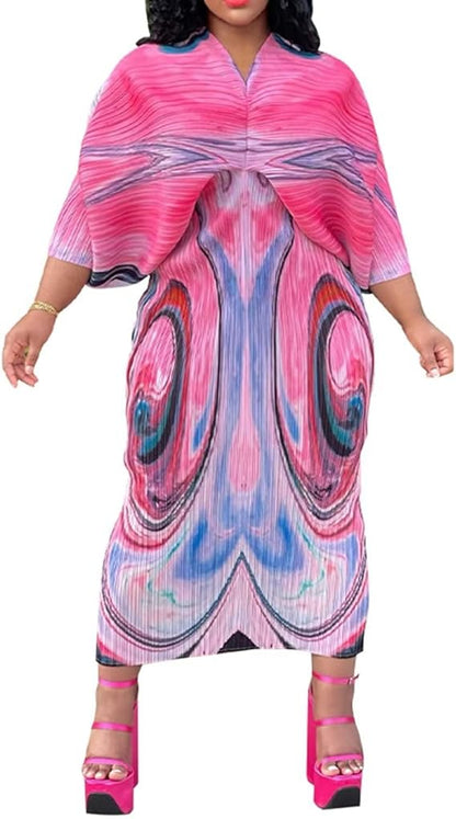 V Neck Bat Sleeve Floral Printed Dress