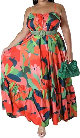 Plus Size Sleeveless Floral Print Ruffle Maxi Dress