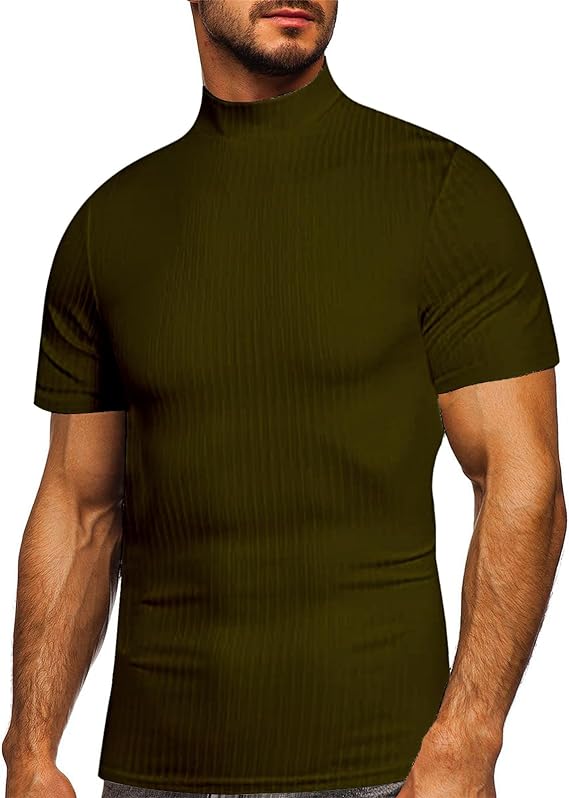 Mens Ribbed Solid Color Short Sleeve Tops