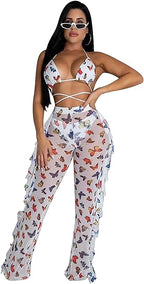 Two Piece Cropped Top Ruffled Trousers