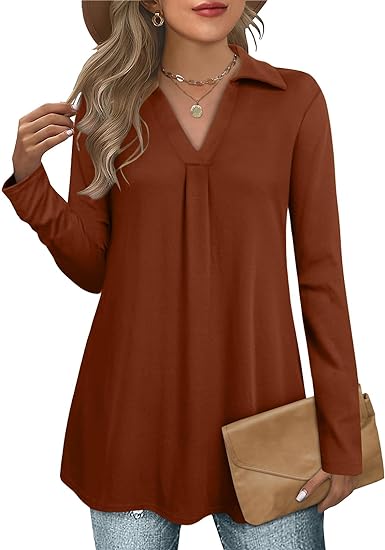 Collared V Neck Long Sleeve Tops