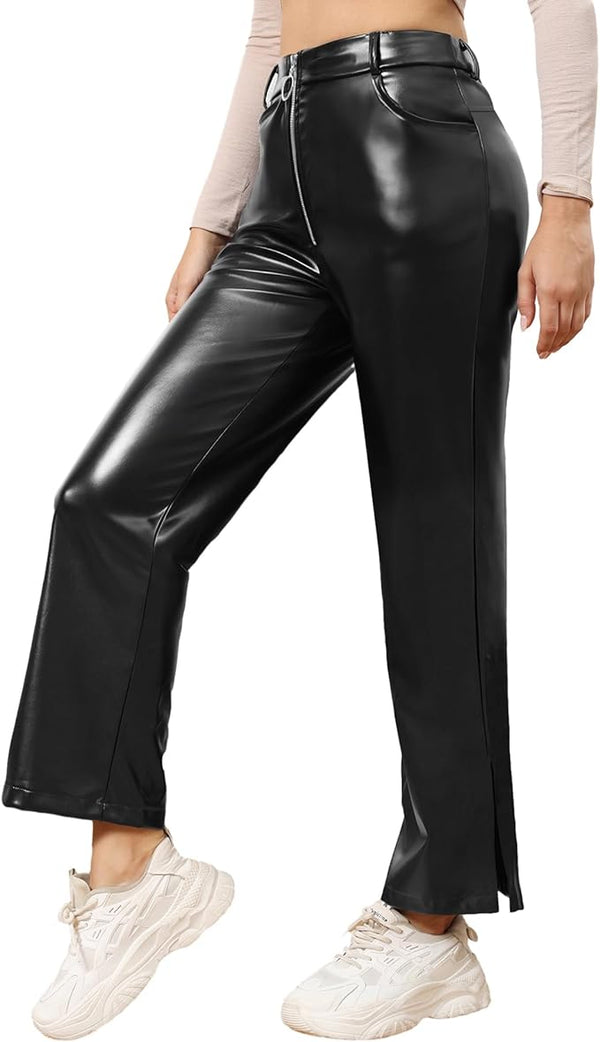 Faux Leather Straight Split Pants