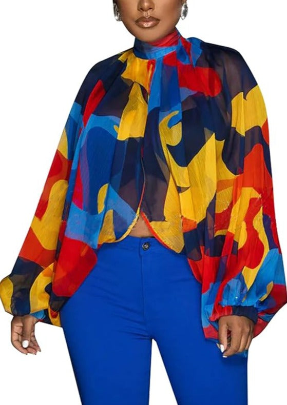 Blusa de gasa de manga larga con murciélago