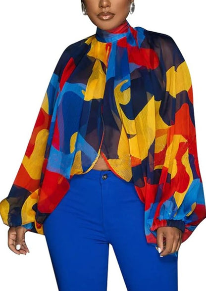 Blusa de gasa de manga larga con murciélago