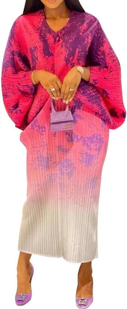 V Neck Bat Sleeve Floral Printed Dress