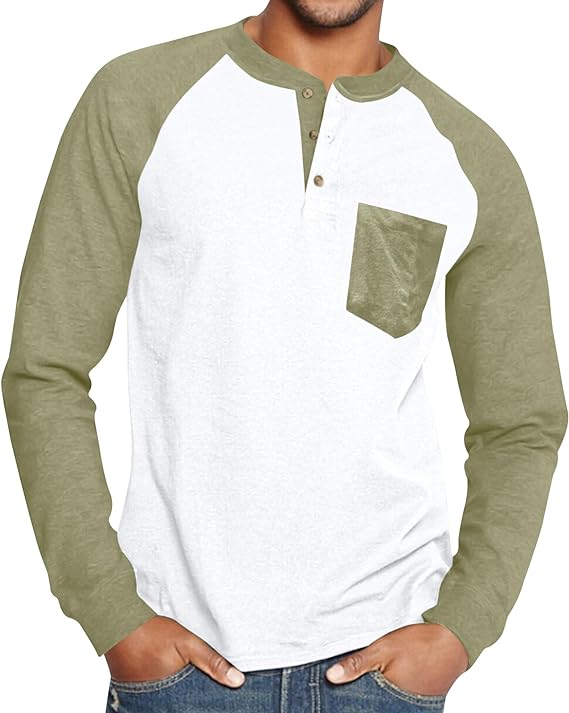 Mens with Pocket Long Sleeve Henley Shirts
