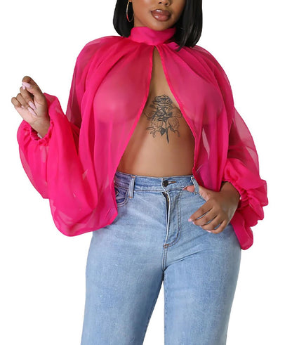 Blusa de gasa de manga larga con murciélago