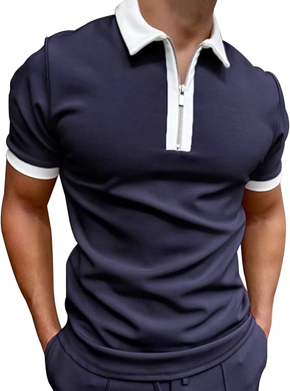 Mens Patchwork Zipper Short Sleeve Polo Shirts