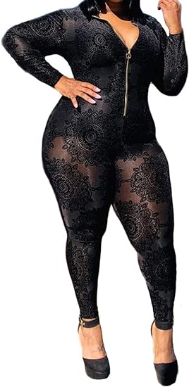 Plus Size Mesh Bodycon Floral Jumpsuit