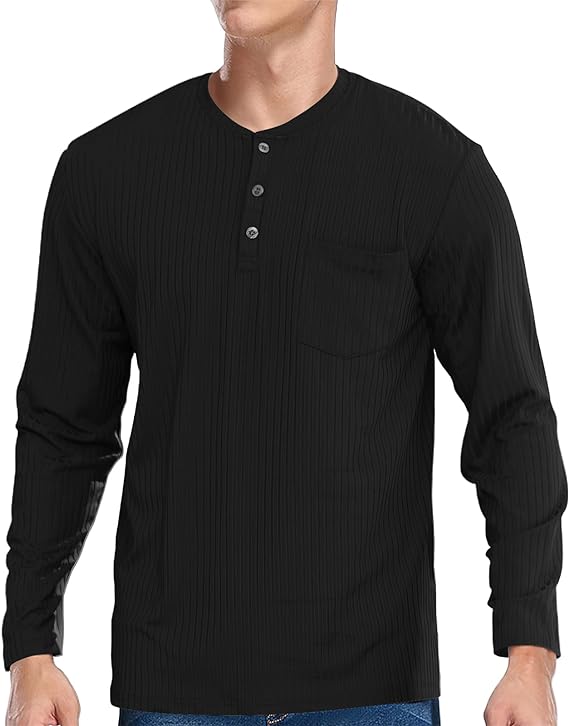 Men's Henley Long Sleeve Button T Shirt