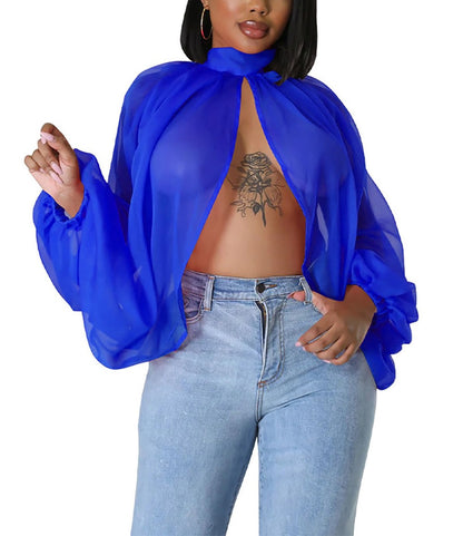 Blusa de gasa de manga larga con murciélago