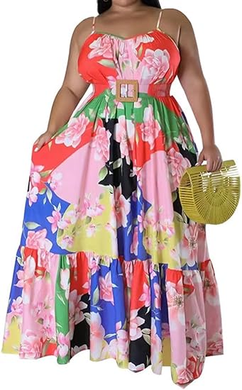 Plus Size Sleeveless Floral Print Ruffle Maxi Dress