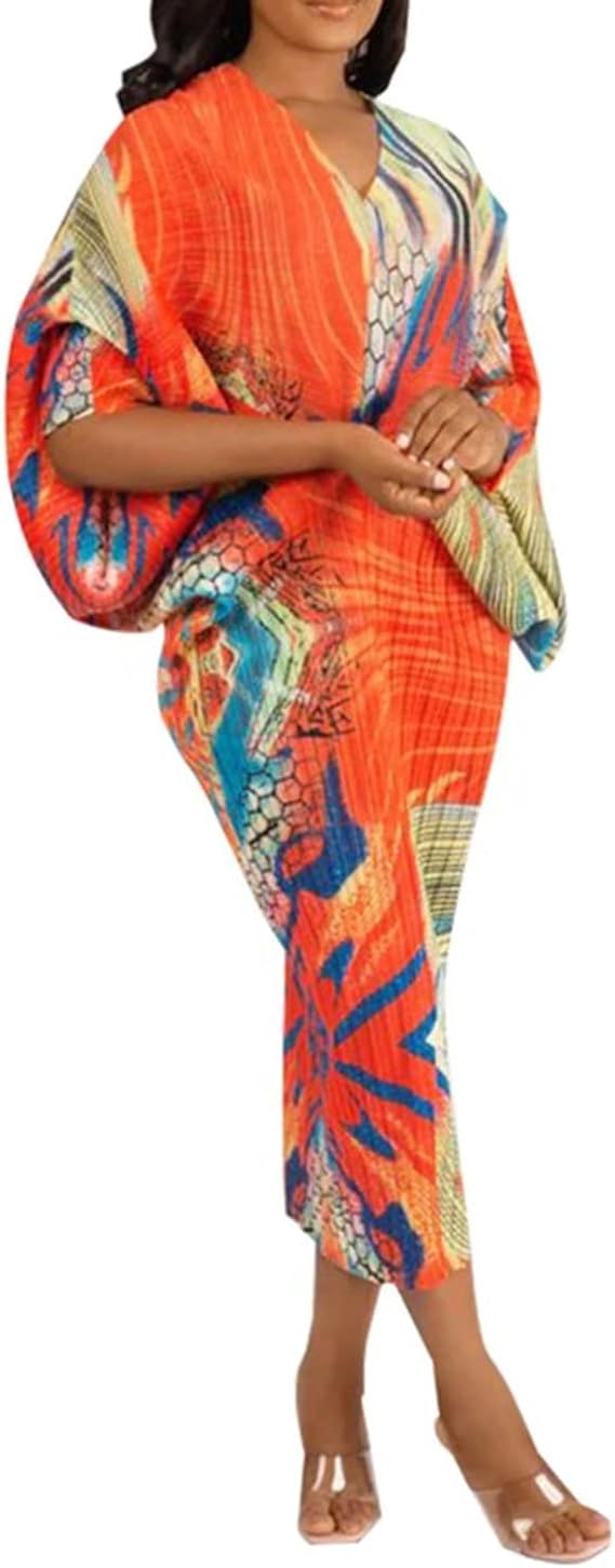 V Neck Bat Sleeve Floral Printed Dress