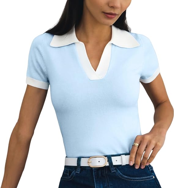 Tops color block con cuello en V y manga corta