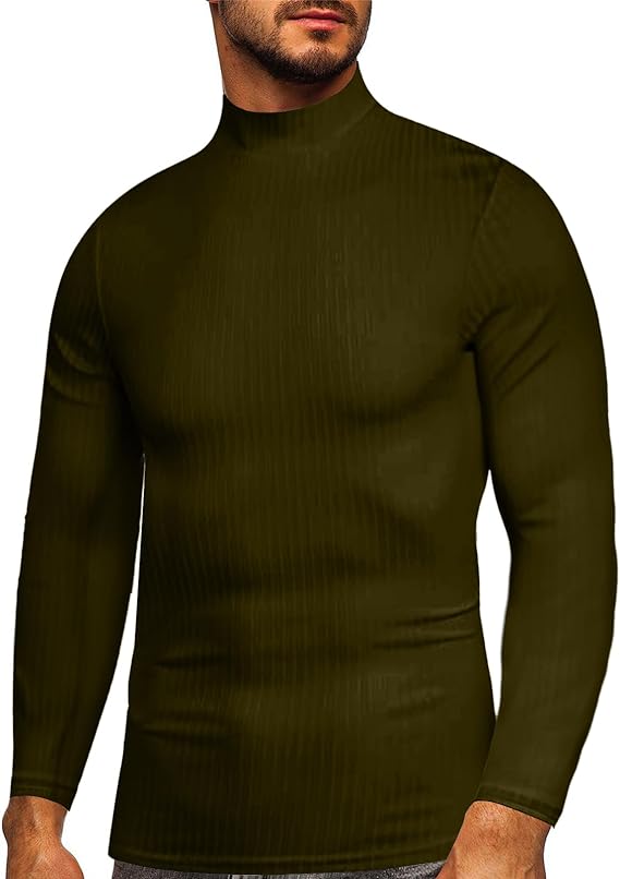 Mens Ribbed Solid Color Long Sleeve Tops