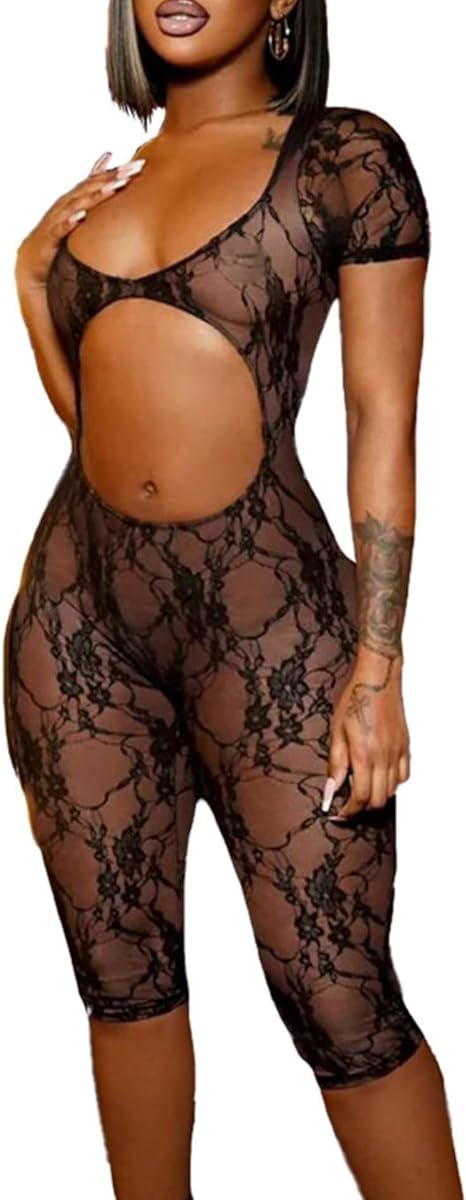 Lace Mesh Short Sleeve Bodycon Jumpsuit