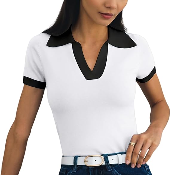 Tops color block con cuello en V y manga corta