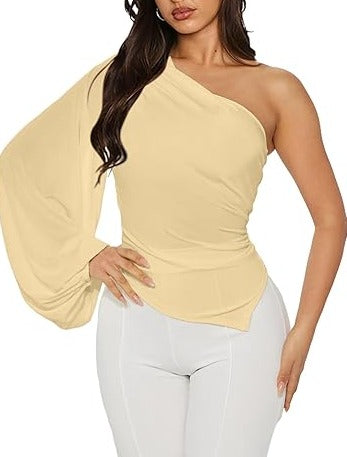 One Shoulder Ruched Bodycon Puff Sleeve Tops
