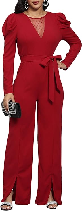 Long Puff Sleeve Belted Wide Leg Jumpsuit