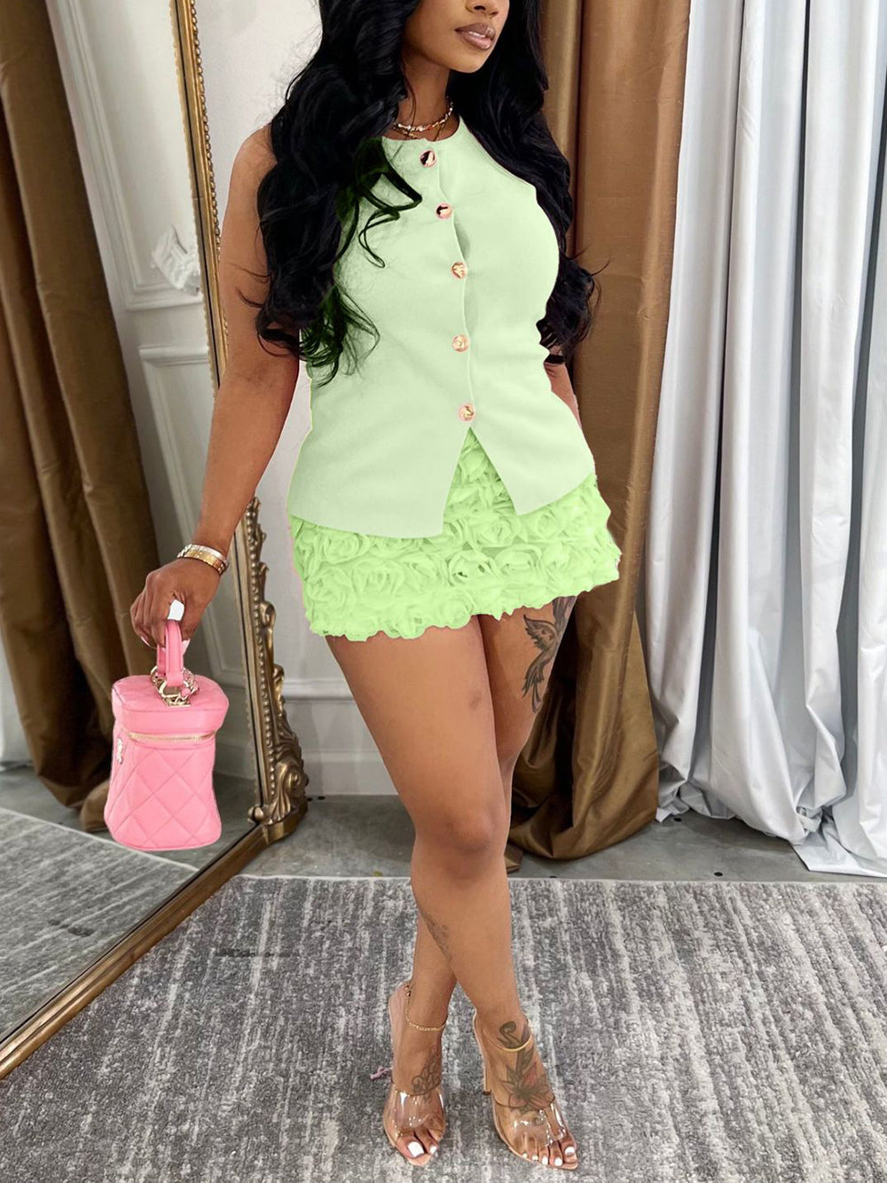 Sleeveless Button Top Floral Skirt Set