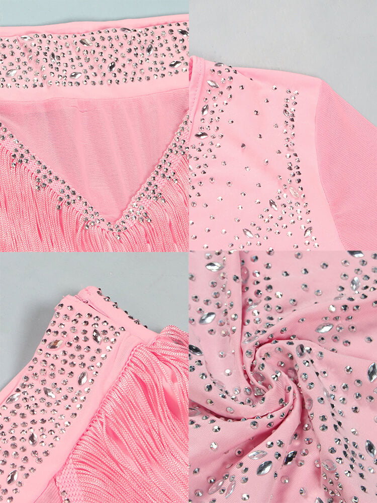 Mesh Long Sleeve Rhinestone Top Tassel Shorts