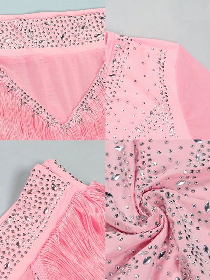 Mesh Long Sleeve Rhinestone Top Tassel Shorts