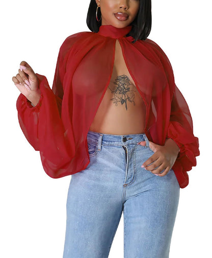 Blusa de gasa de manga larga con murciélago