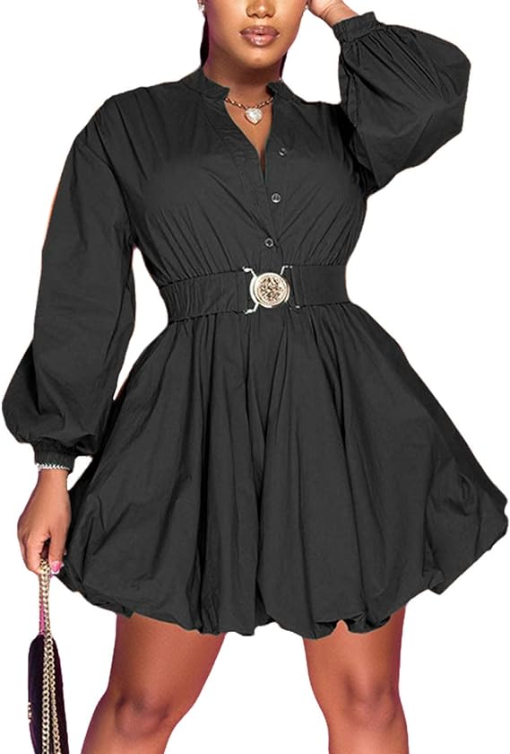 Vestido camisero abullonado de manga larga con botones