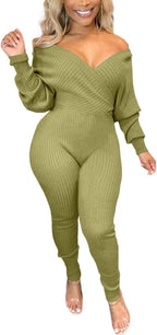 V Neck Long Sleeve Ribbed Jumpsuit
