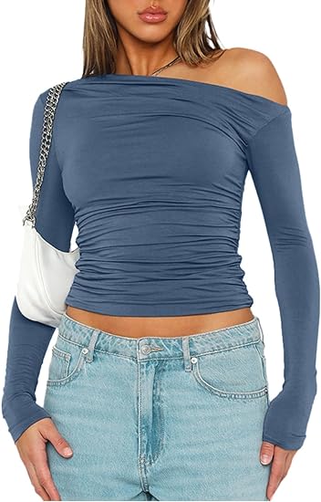 Long Sleeve Asymmetrical Tight Ruched Tops