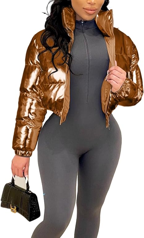 Shiny Long Sleeve Solid Color Puffer Jacket