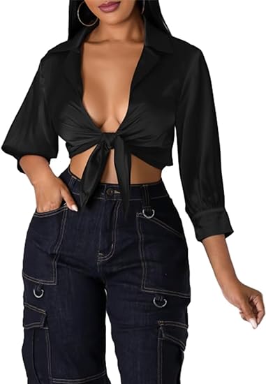 Tie Front V Neck Puff Sleeve Shirts