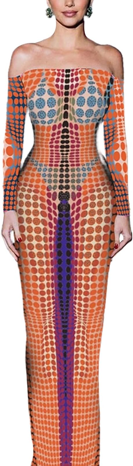 Off Shoulder Geometric Printed Long Sleeve Maxi Dresses