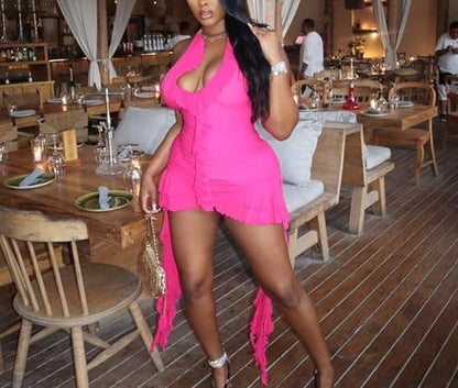 Sleeveless Backless Tassel Ruched Ruffle Mini Dress