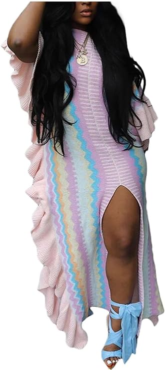 Stripe Color Block Ruffle Slit Knitted Dress