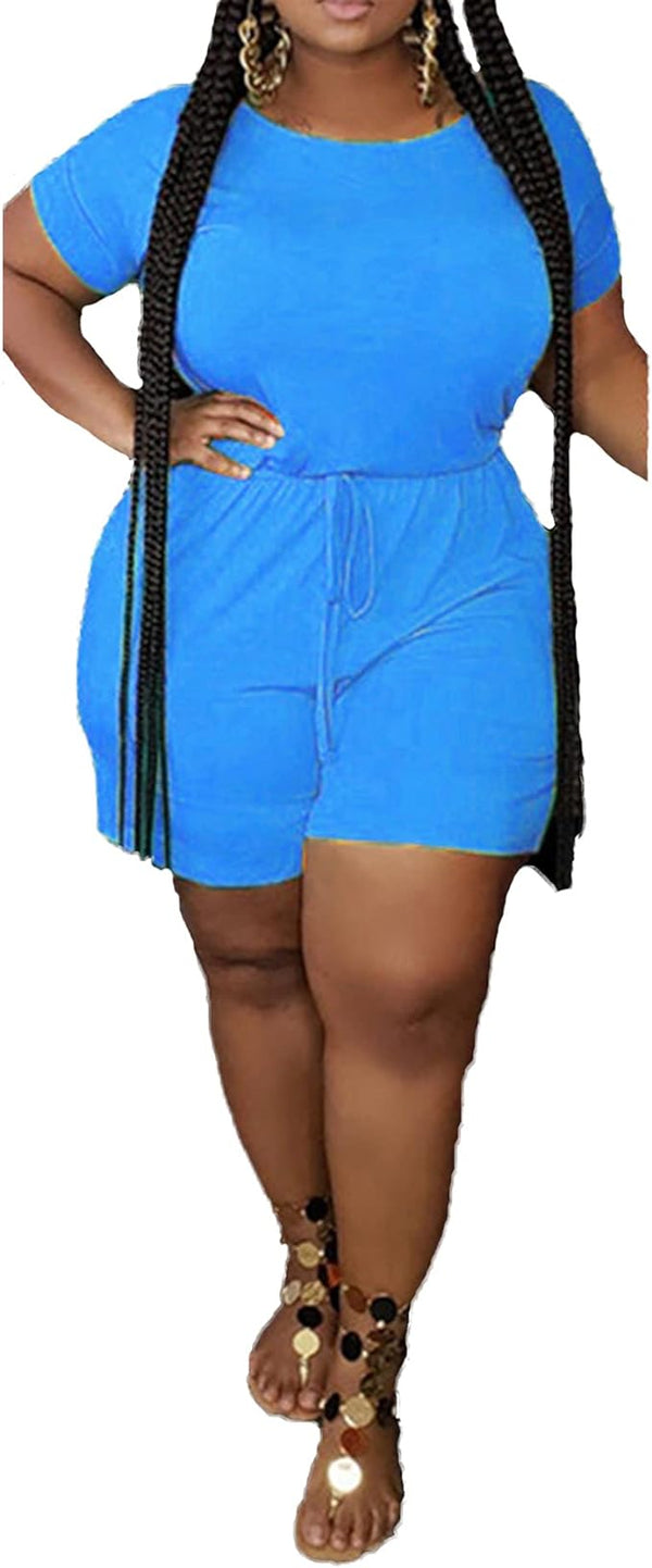 Plus Size Solid Short Sleeve Drawstring Rompers
