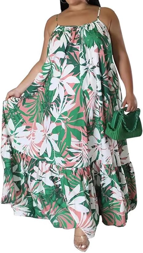 Plus Size Sleeveless Floral Print Ruffle Maxi Dress