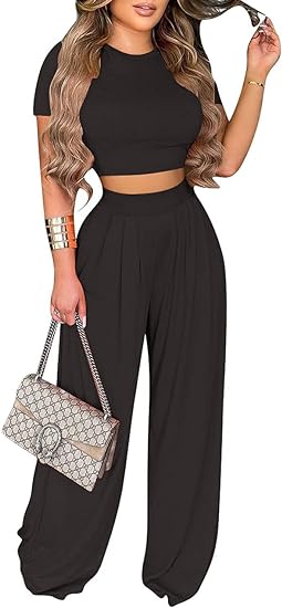 Two Pieces Short Sleeve Tops & Wide Leg Pants